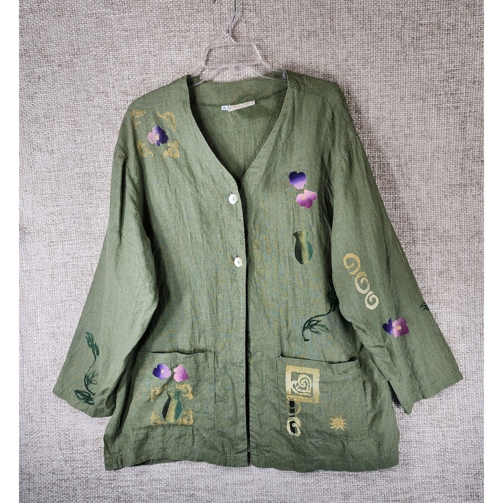 Play Alegre Hand Painted Linen Jacket Womens XL Green Lagenlook Artsy Boho EUC